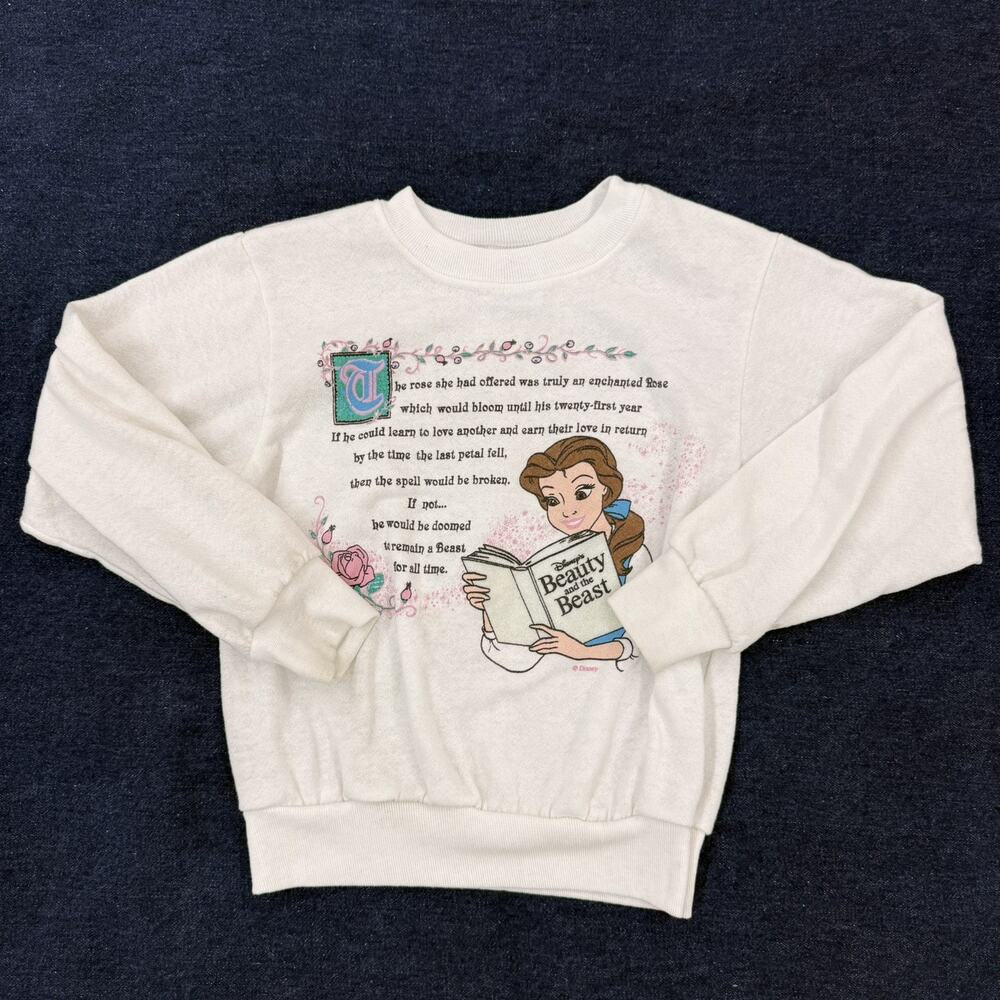 Vintage Beauty And The Beast Rose White Sweatshirt 90s USA Youth Large